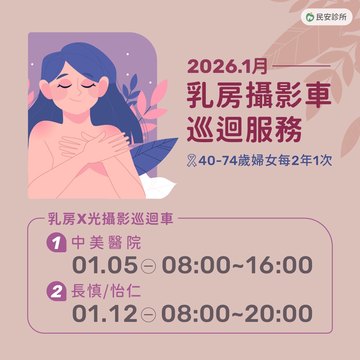 乳房攝影車巡迴服務：2026年1月-乳房攝影車巡迴服務