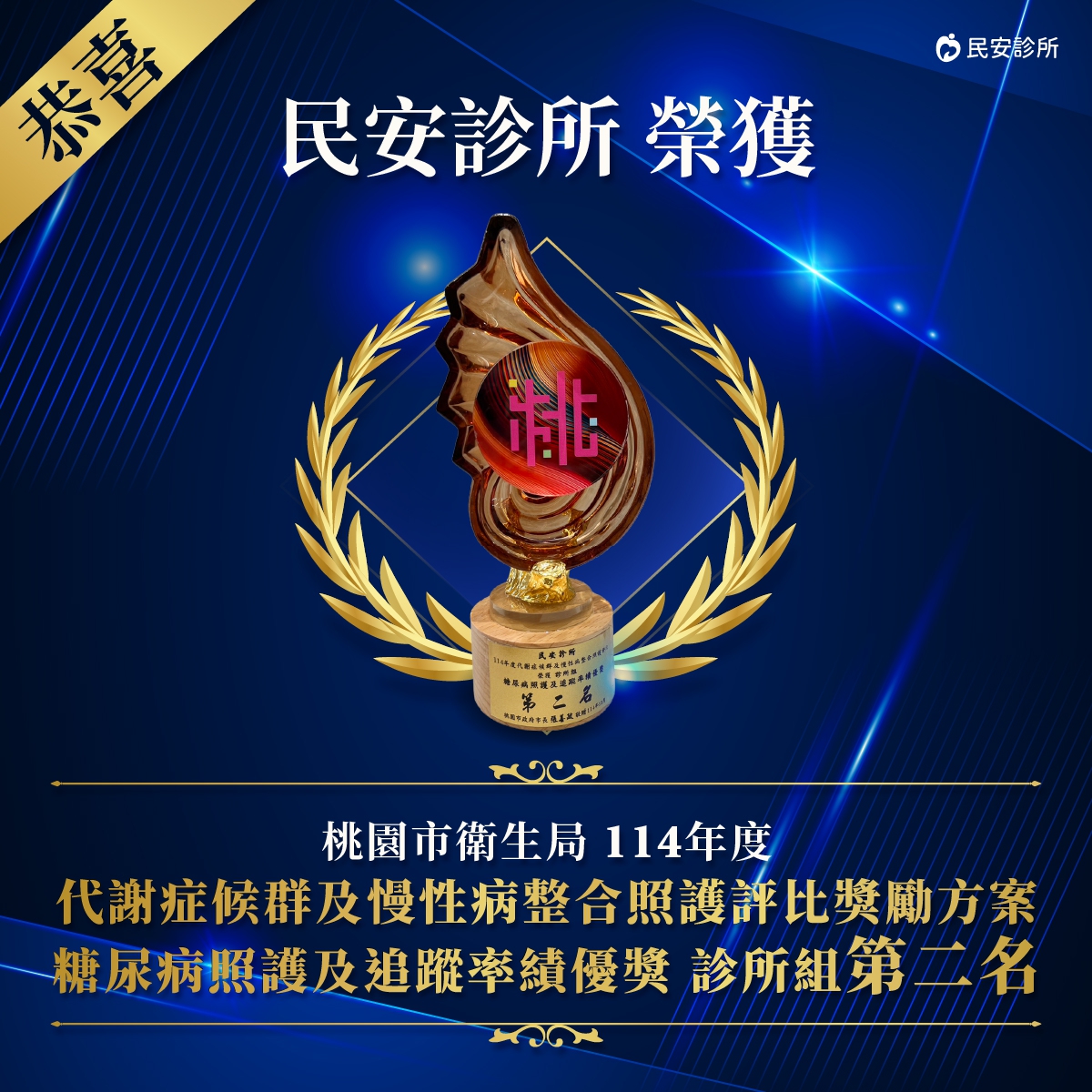 ：民安診所得獎,114年度糖尿病照護及追蹤率績優獎,桃園楊梅糖尿病診所得獎,民安診所