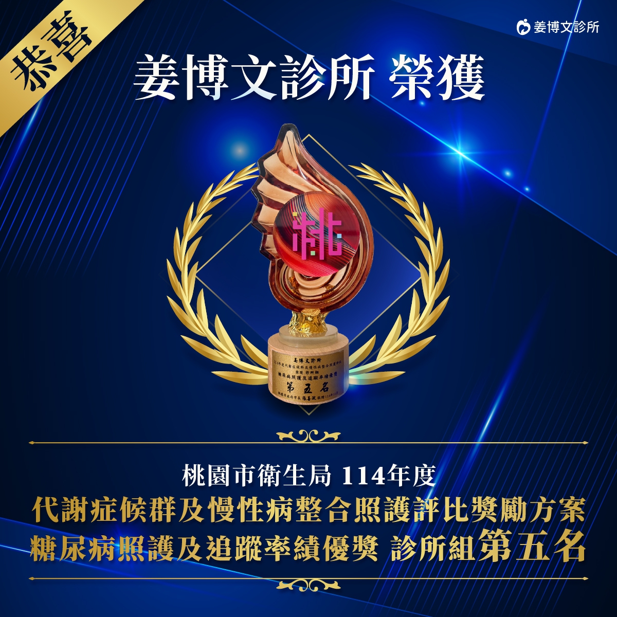 ：姜博文診所得獎,114年度糖尿病照護及追蹤率績優獎,桃園楊梅糖尿病診所得獎,姜博文診所